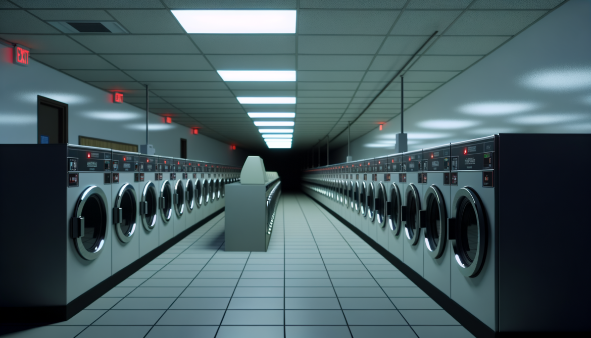 Interno di una lavanderia self-service vuota con file di lavatrici e asciugatrici industriali, atmosfera tecnica e luce di emergenza
